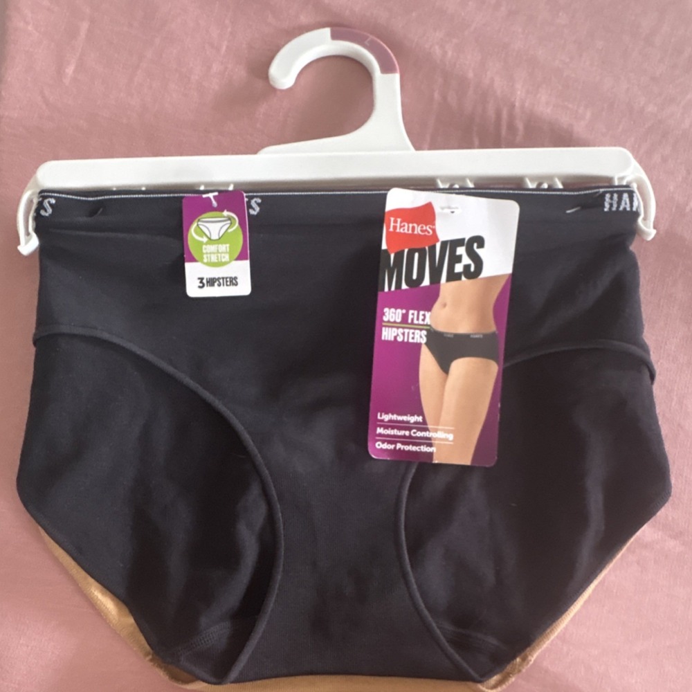 Hanes Moves 360 Flex Hipsters Panties 3 Pack Black Large Lightweight Moisture